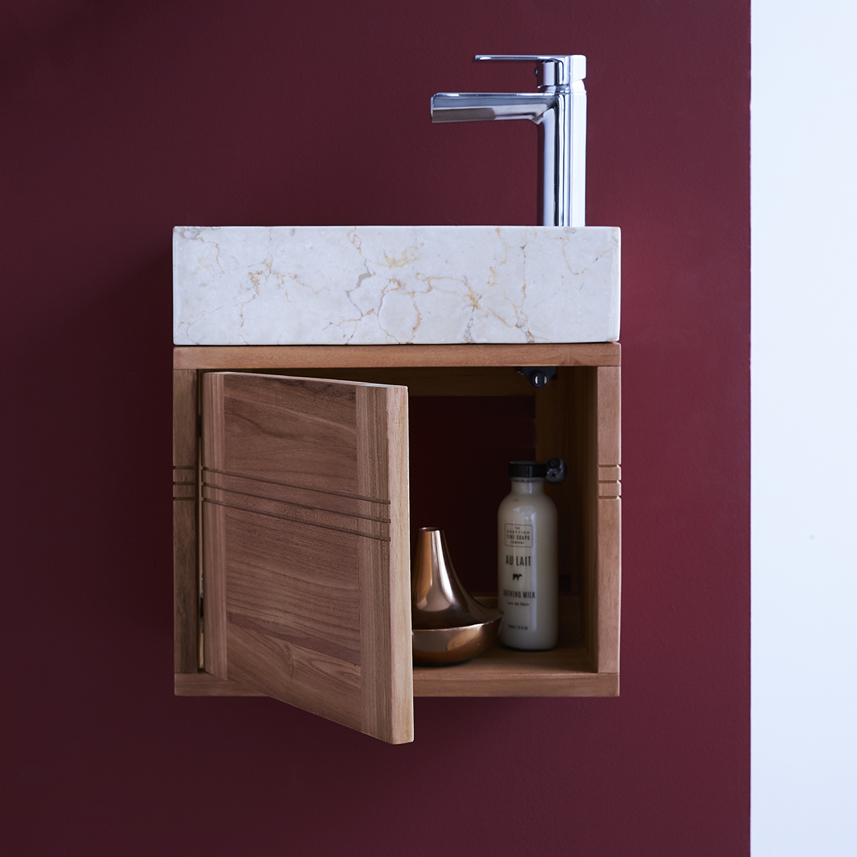 Basic - Meuble Lave main en teck massif et marbre cream Basic - Meuble Lave main en teck massif et marbre cream
