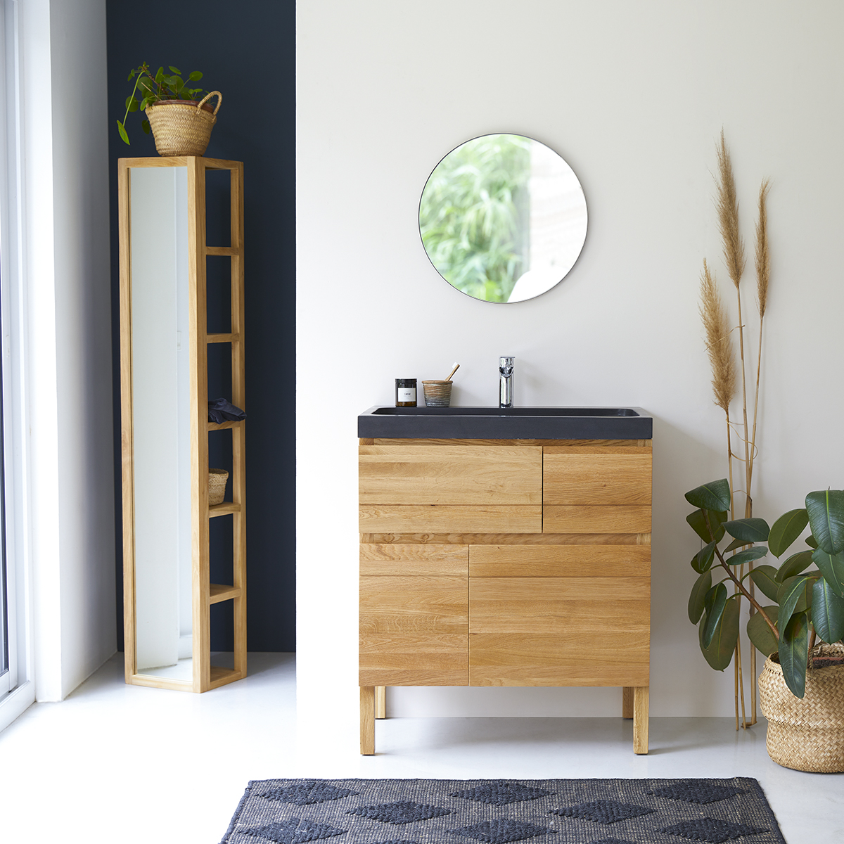 Easy - Meuble salle de bain en chêne massif et pierre de lave 80 cm Easy - Meuble salle de bain en chêne massif et pierre de lave 80 cm
