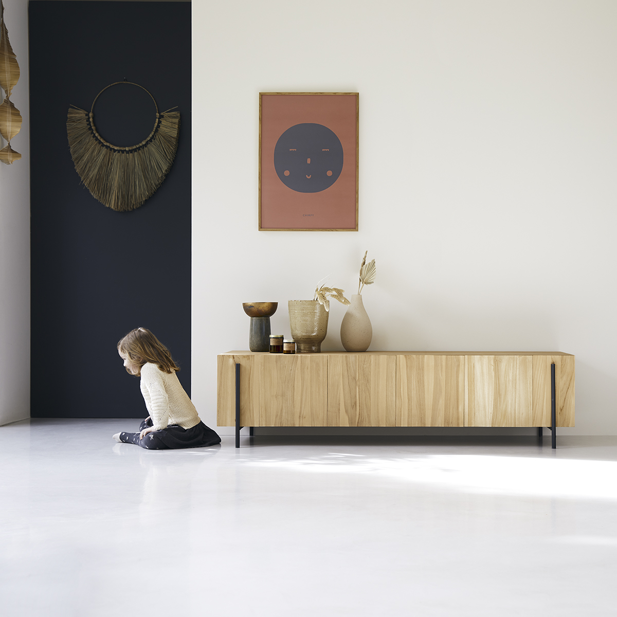 Low teak and metal TV unit 170 cm - Living room furniture -