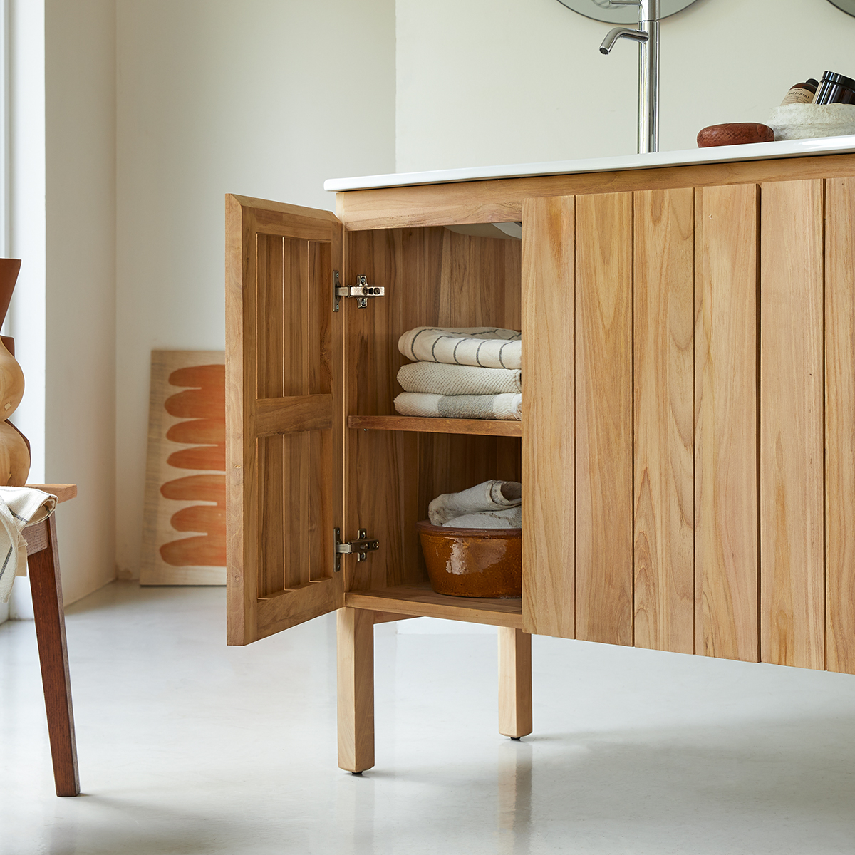 Tikamoon : Jill - Solid teak and ceramic bathroom cabinet 120 cm