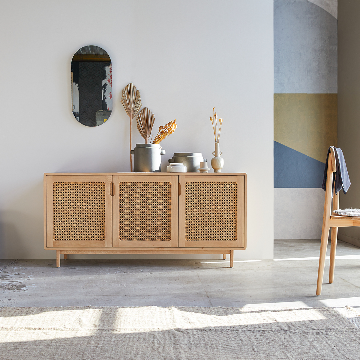 Luis - Buffet en orme massif et cannage 160 cm Luis - Buffet en orme massif et cannage 160 cm