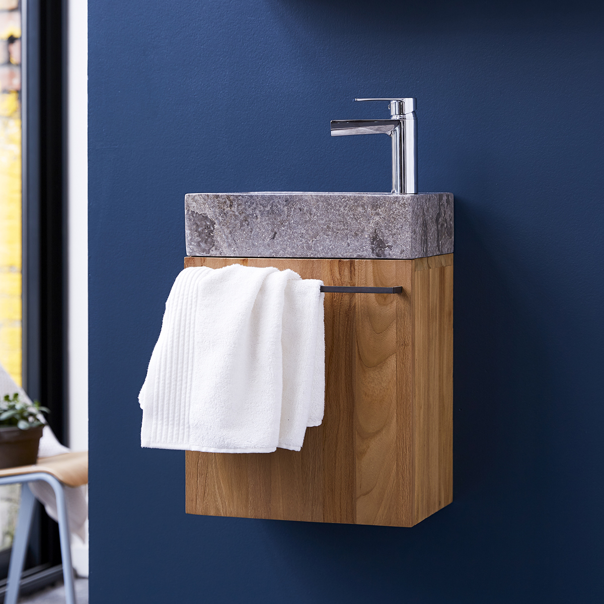 Stelle - Badunterschrank massivem Teakholz mit Marmor Waschbecken grey Stelle - Badunterschrank massivem Teakholz mit Marmor Waschbecken grey