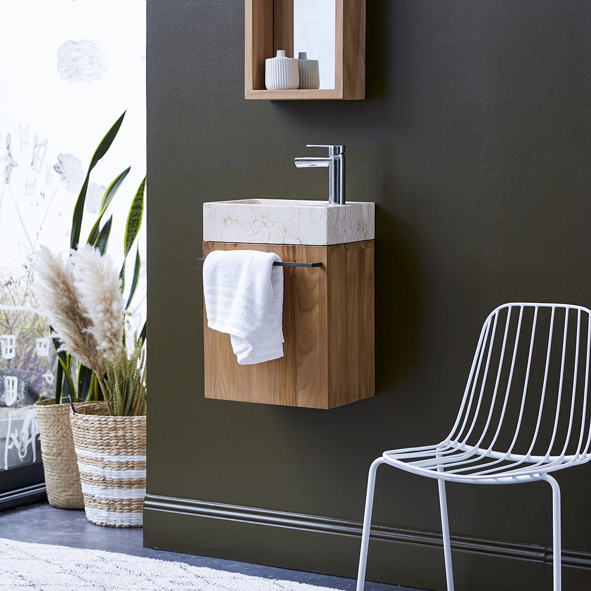 Stelle - Meuble Lave main en teck massif et marbre cream Stelle - Meuble Lave main en teck massif et marbre cream